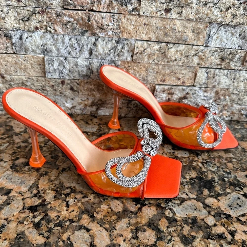 Mach & Mach Hearts Crystal Double Bow Square Toe Slide Sandal in Orange